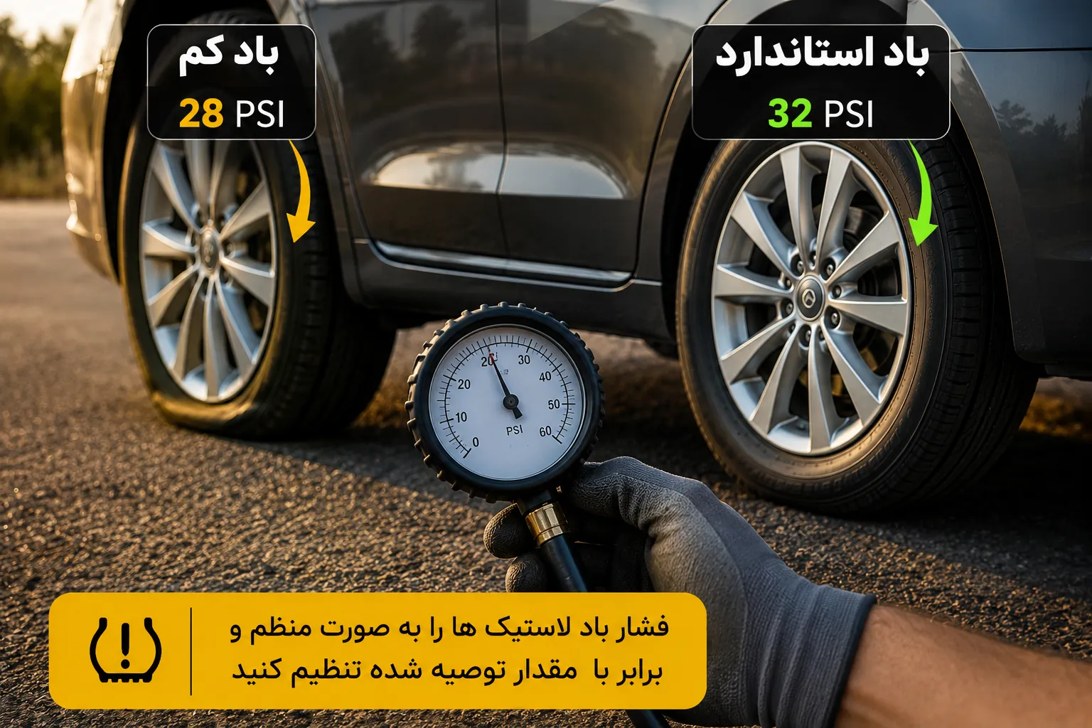 کم شدن فشار باد لاستیک از عوامل کشیدن فرمان به یک سمت